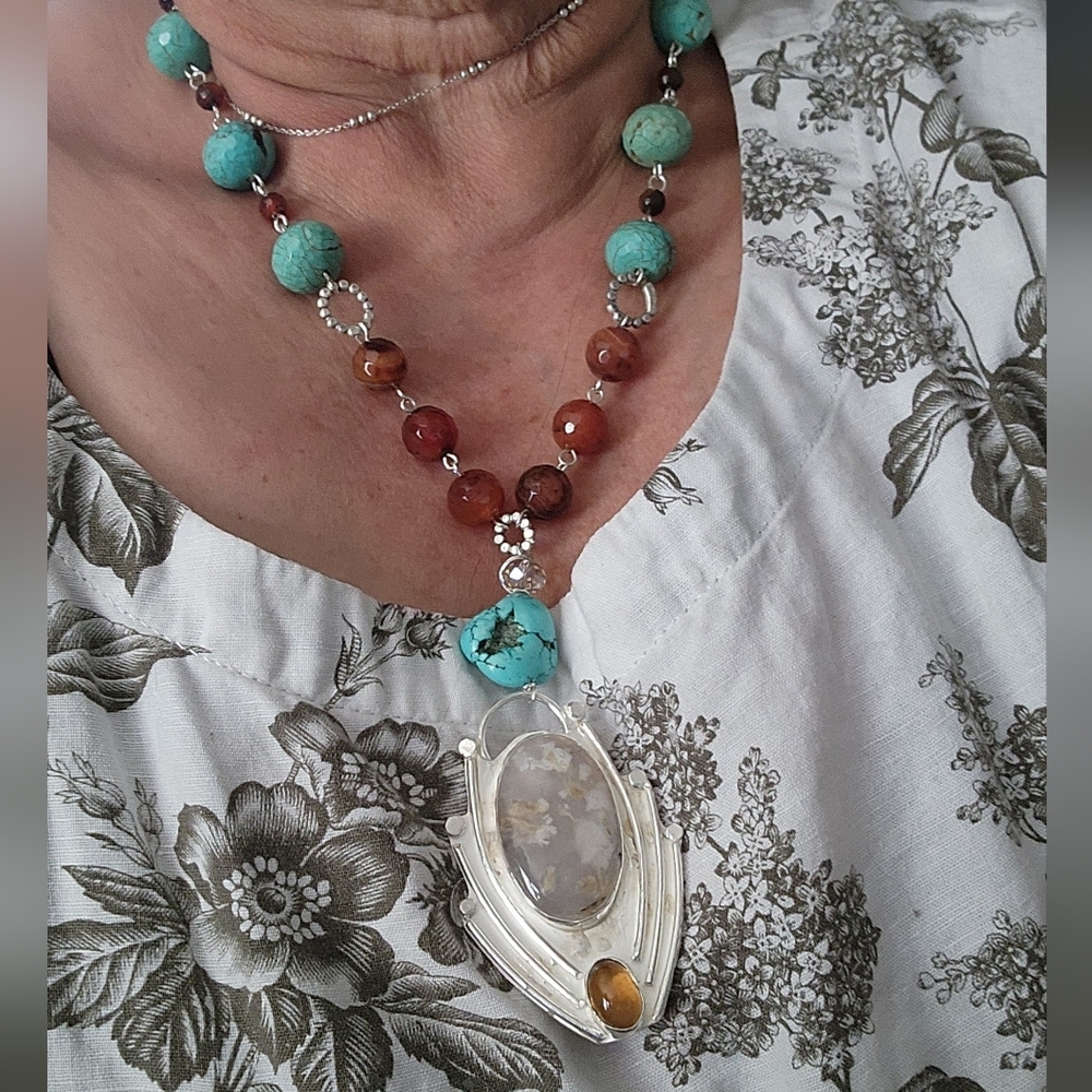 TURQUOISE, CARNELIAN, & DENDRITIC AGATE NECKLACE HANDMADE IN STERLING SILVER - Picture 4 of 9